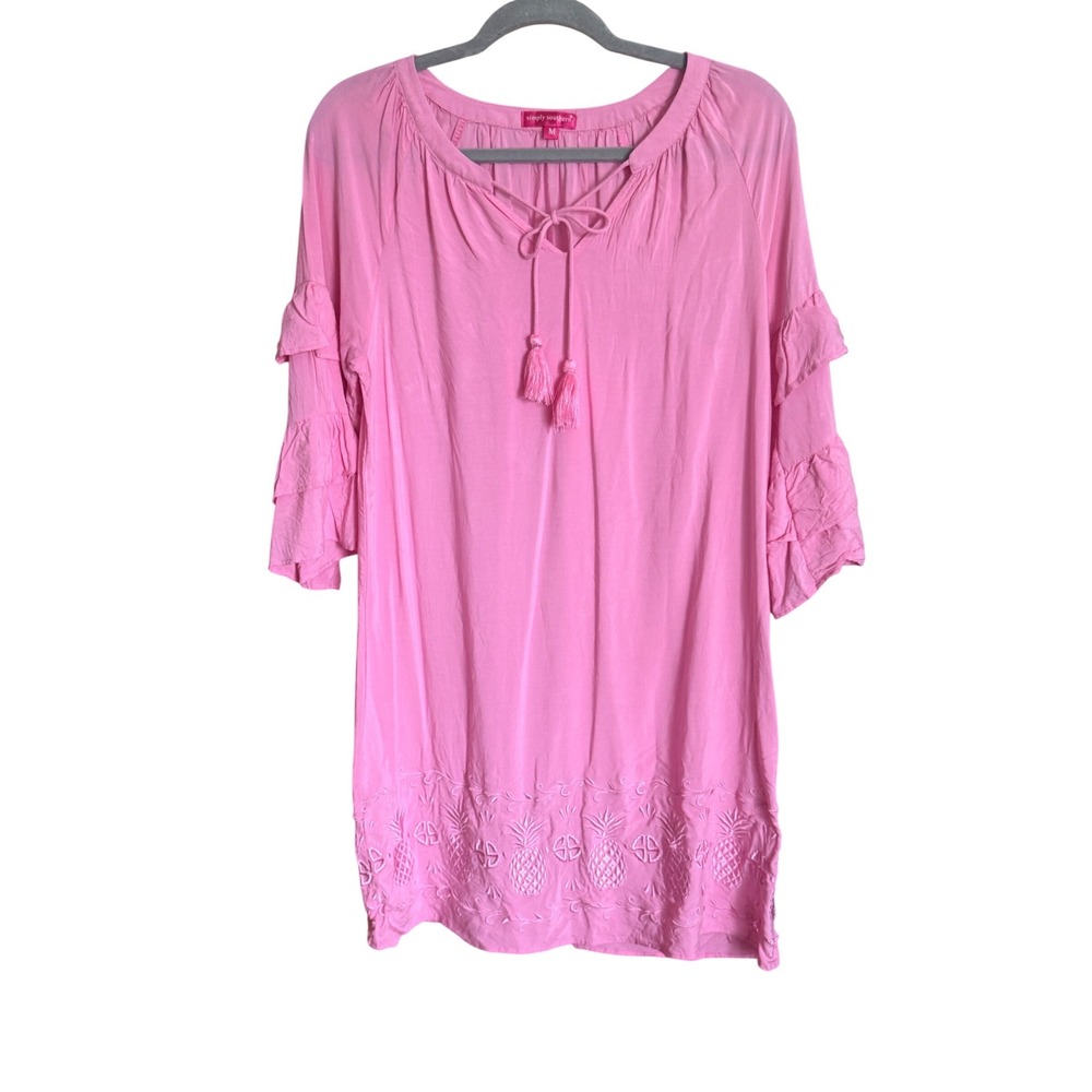 Simply Southern Tunic Top Pineapple Embroidered M Pink Excellent Ruffle Tassel